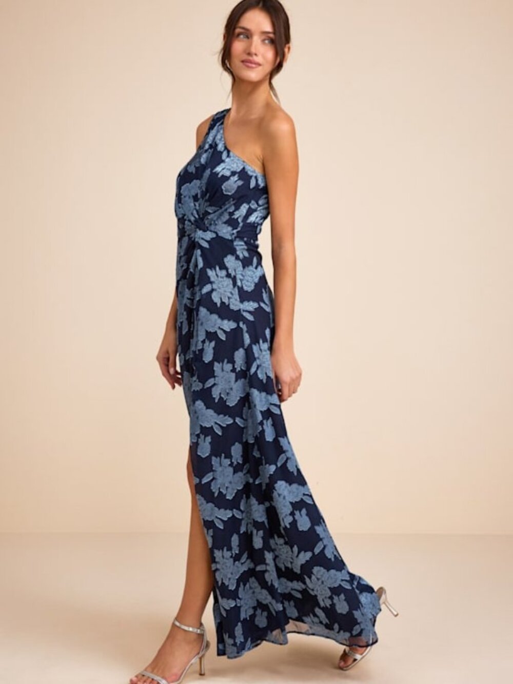 Lulus Renni Navy Blue Floral Jacquard One-shoulder Maxi Dress - Size XL